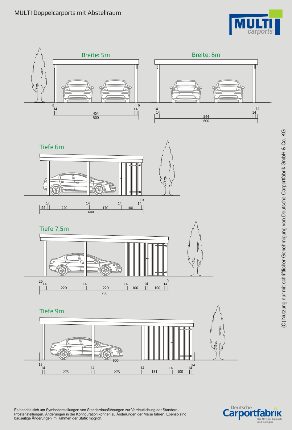 Technische Ansichten MULTI Flachdach Doppelcarport mit Schuppen