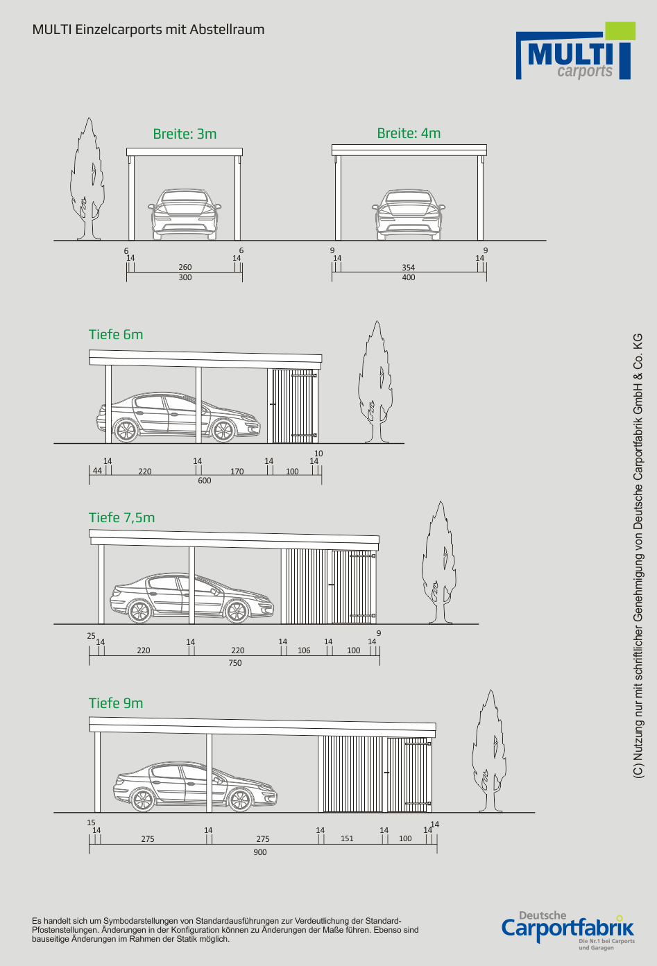 Technische Ansichten MULTI Flachdach Einzelcarport mit Schuppen