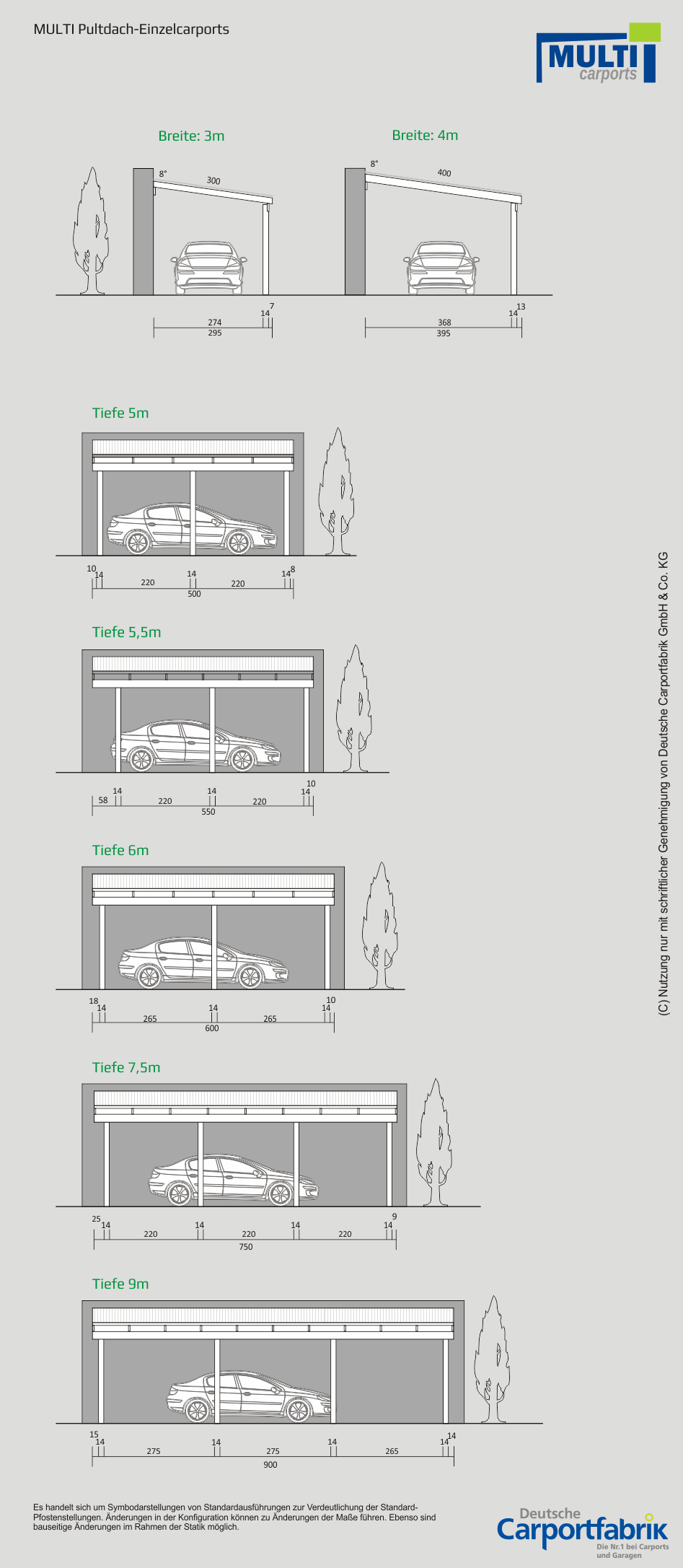 Technische Ansichten MULTI Pultdach Einzelcarport