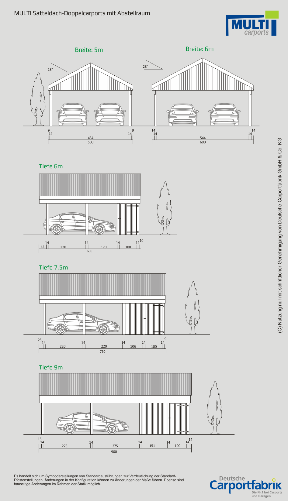 Technische Ansichten MULTI Satteldach Doppelcarport mit Geräteraum