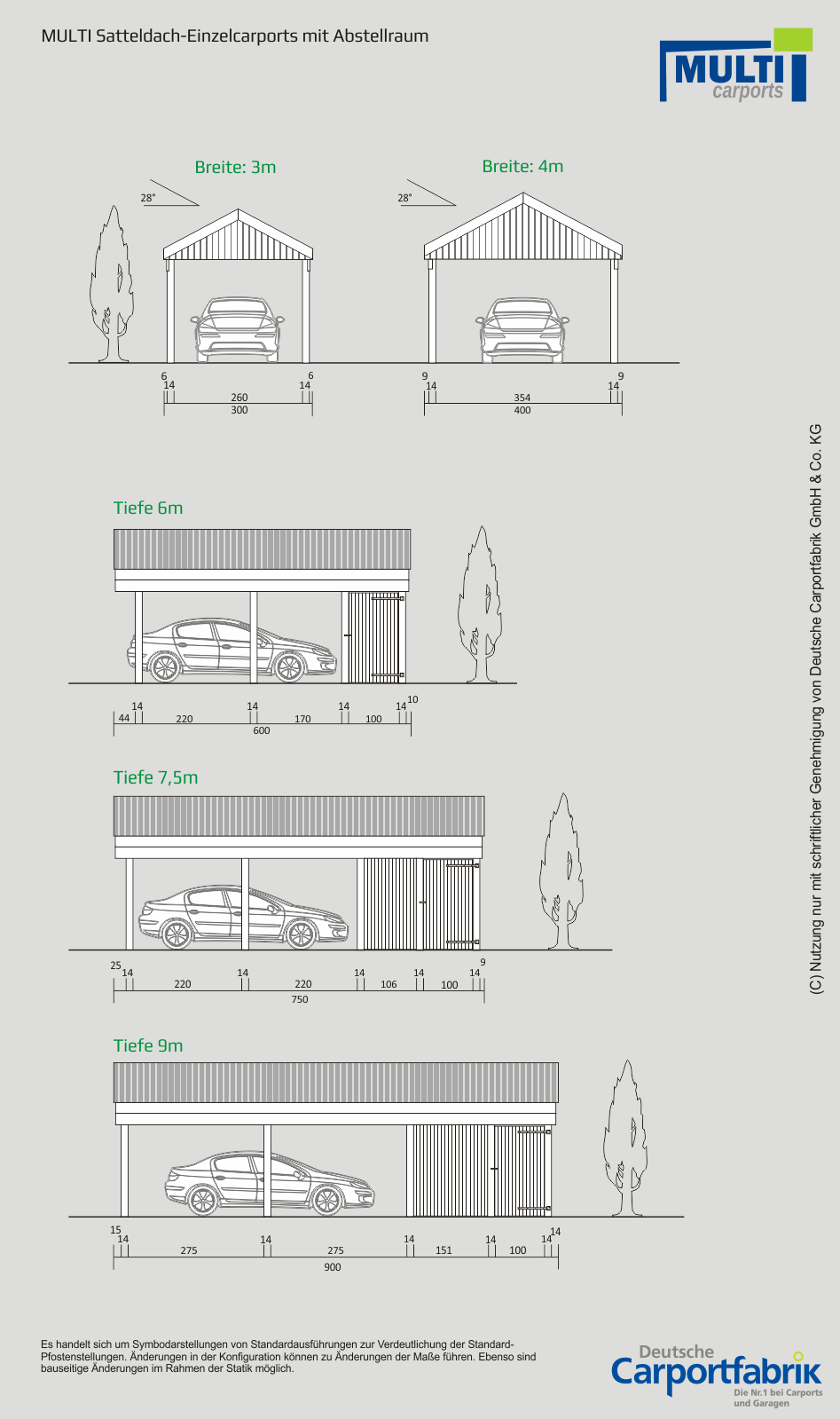 Technische Ansichten MULTI Satteldach Einzelcarport mit Geräteraum