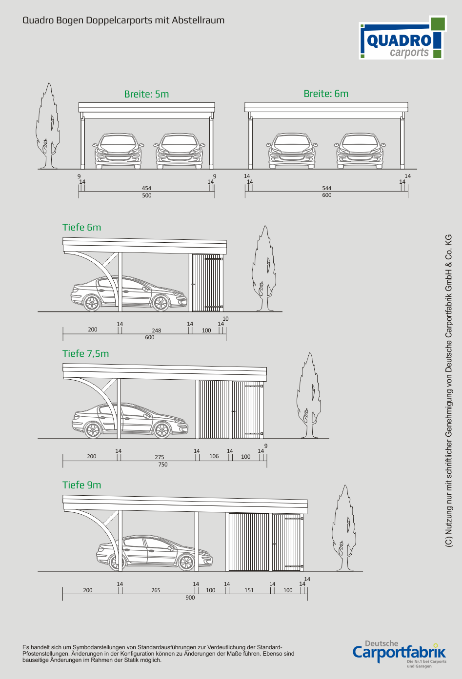 Technische Ansichten QUADRO-Bogen-Carports - Doppelcarport mit Abstellraum