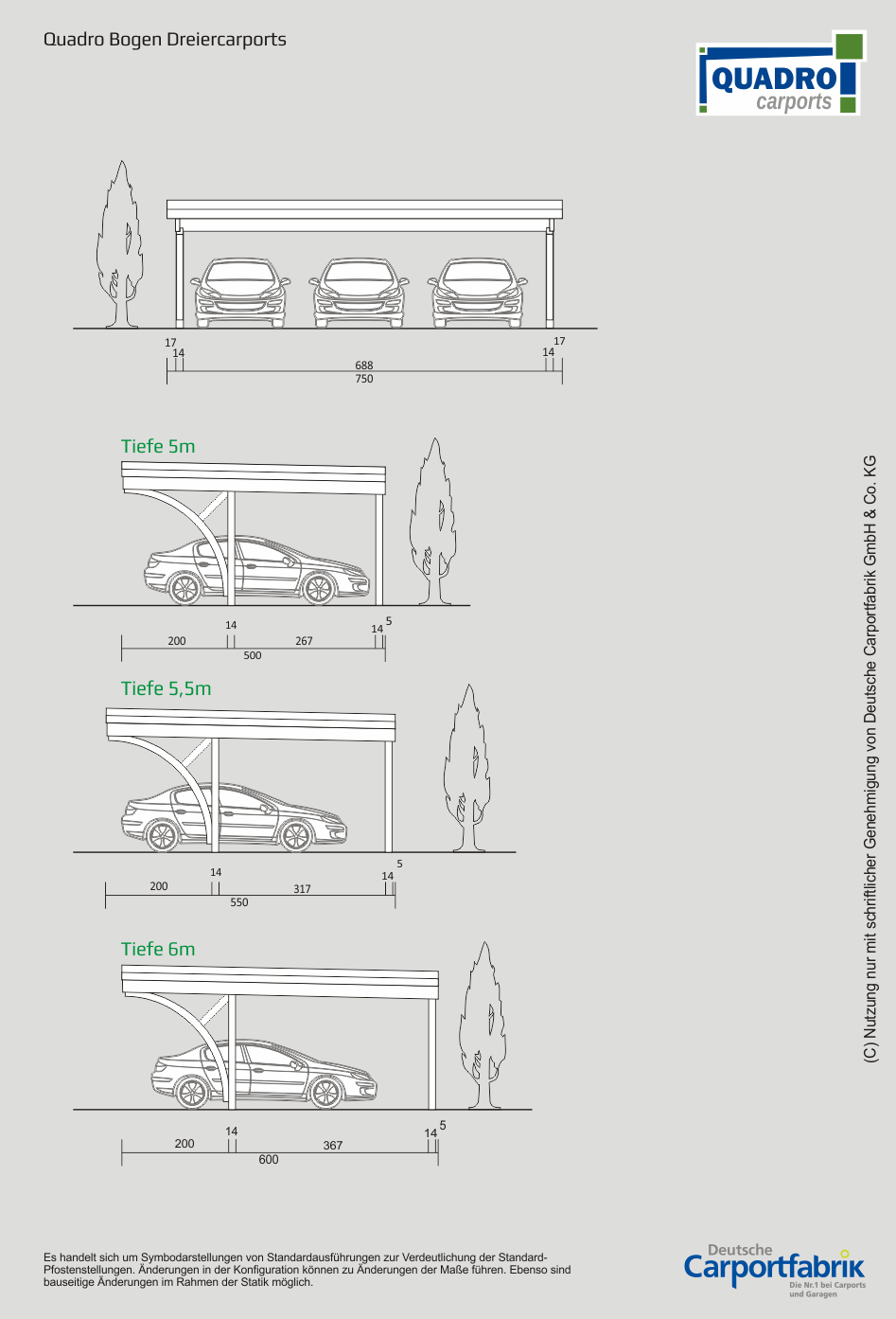 Technische Ansichten QUADRO-Bogen-Carports - Dreiercarport