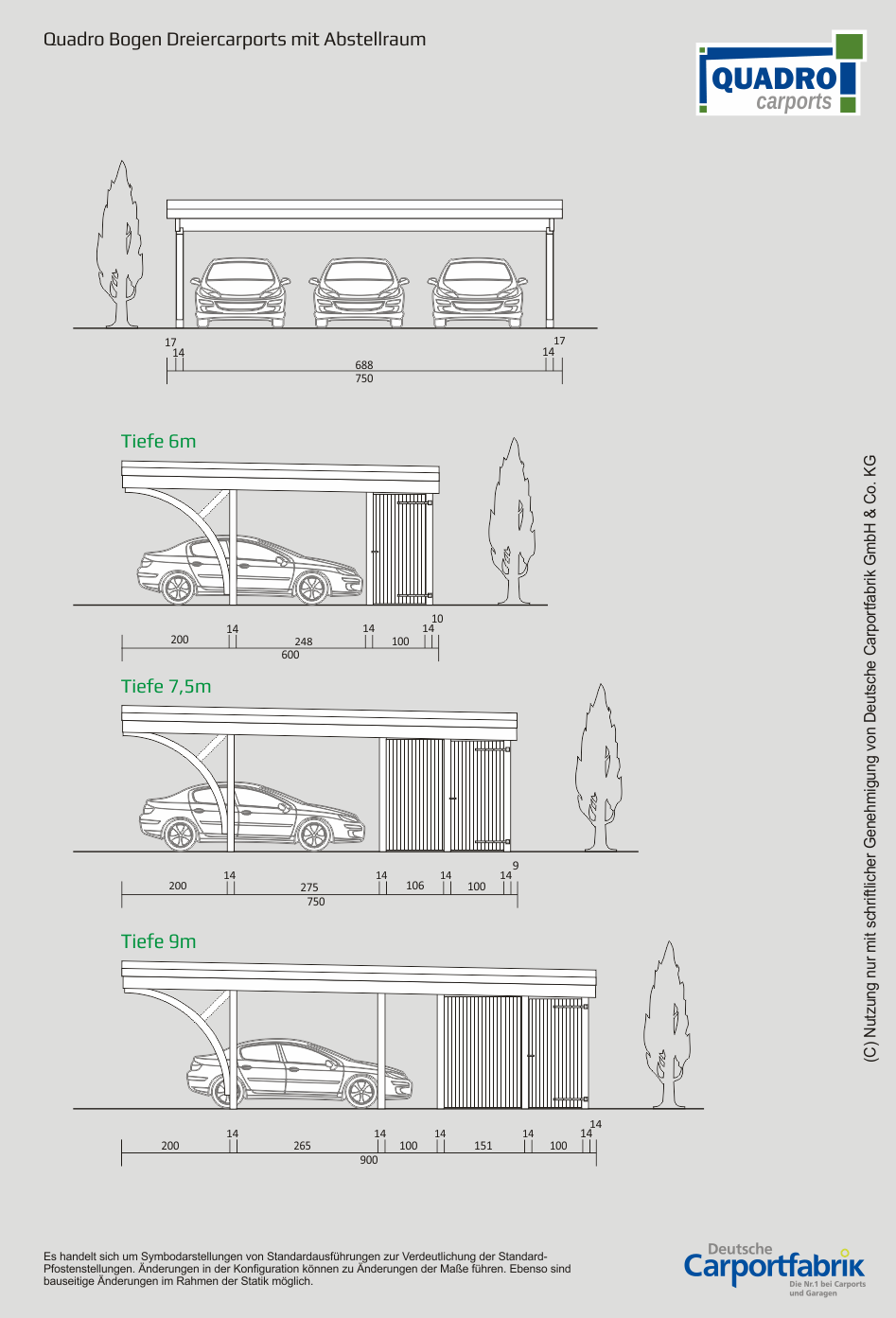 Technische Ansichten QUADRO-Bogen-Carports - Dreiercarport mit Abstellraum