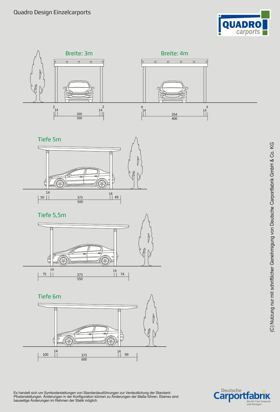 Technische Ansichten QUADRO-Design Carports - Einzelcarport