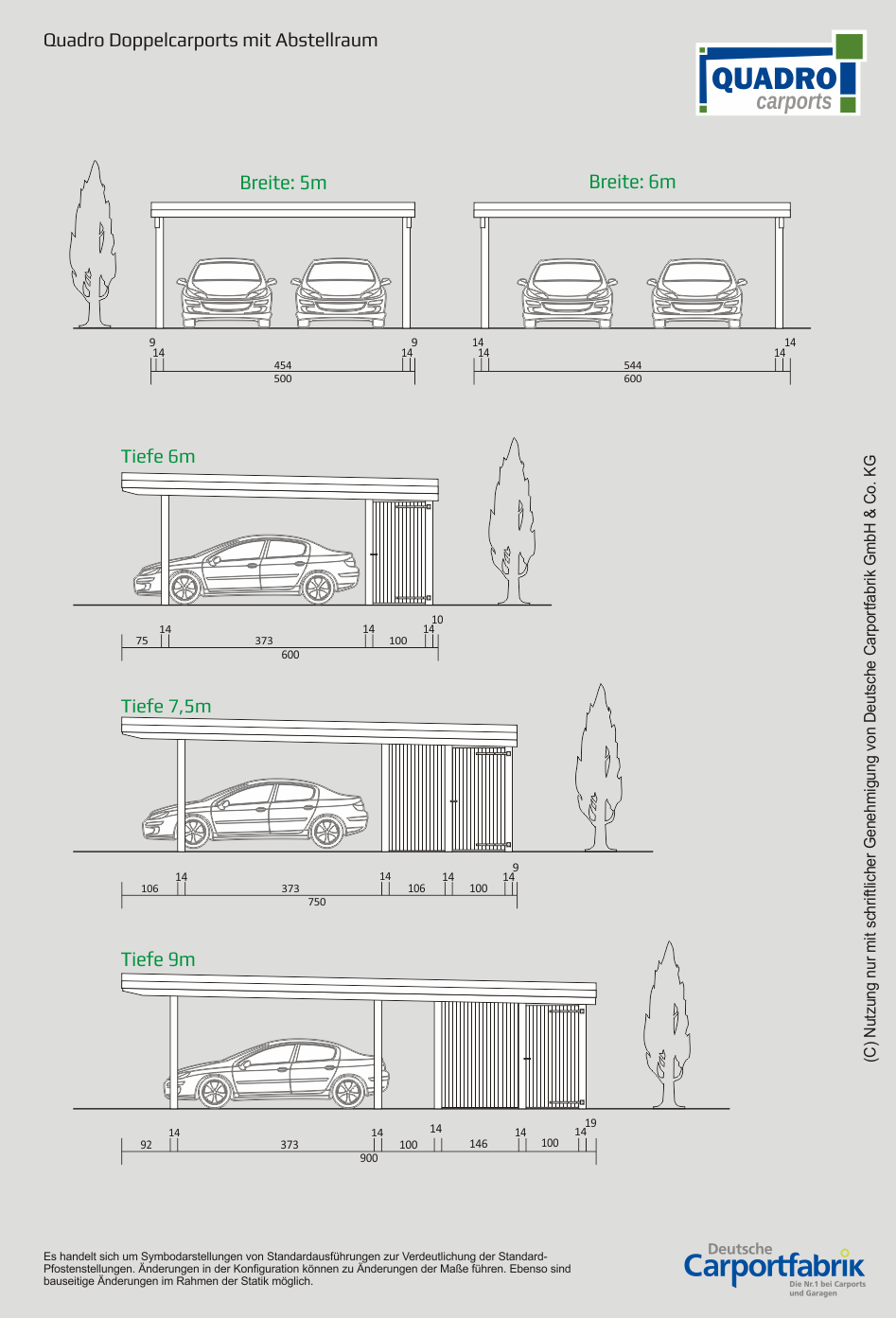 Technische Ansichten QUADRO Carports - Doppelcarports mit Abstellraum