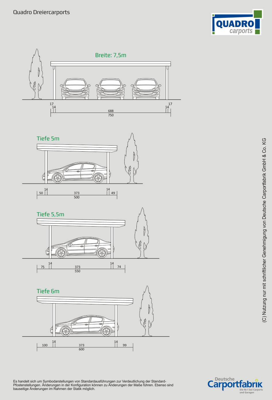 Technische Ansichten QUADRO Carports - Dreiercarport