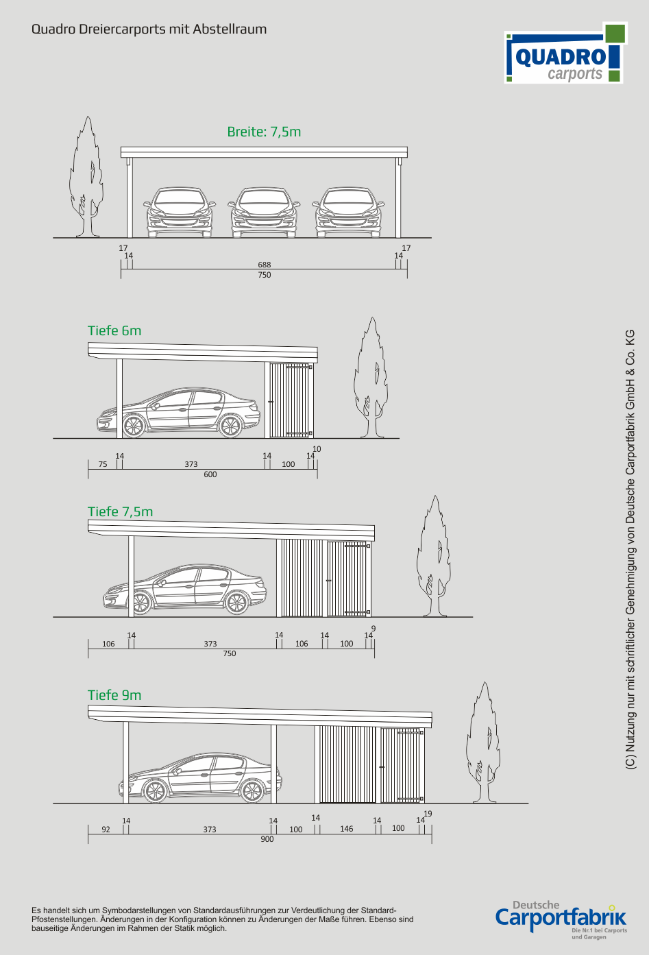 Technische Ansichten QUADRO Carports - Dreiercarports mit Abstellraum