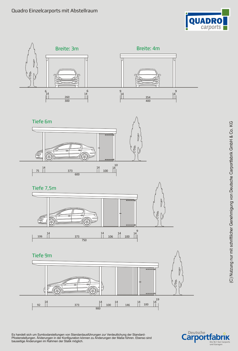 Technische Ansichten QUADRO Carports - Einzelcarports mit Abstellraum