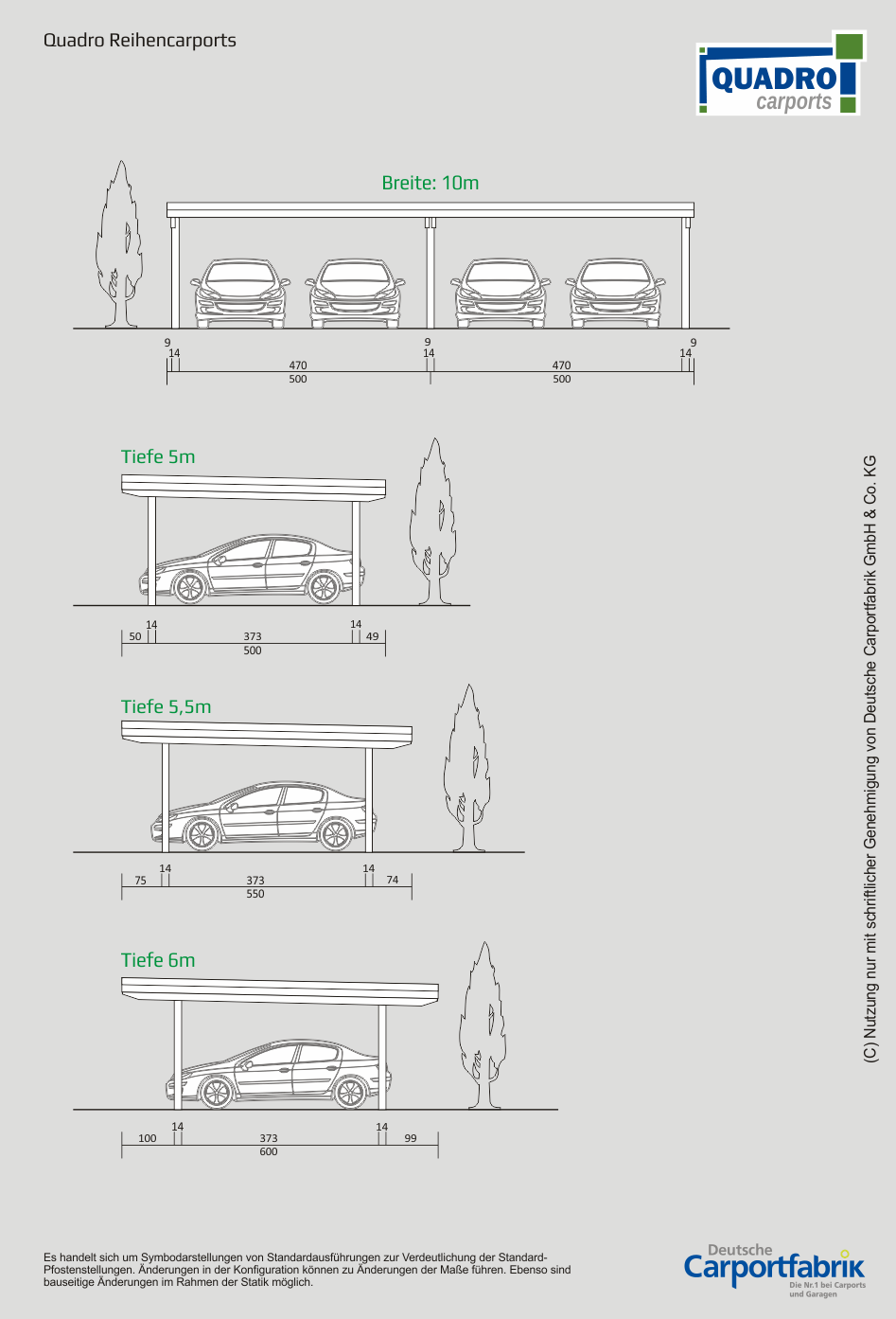 Technische Ansichten QUADRO Carports - Reihencarport