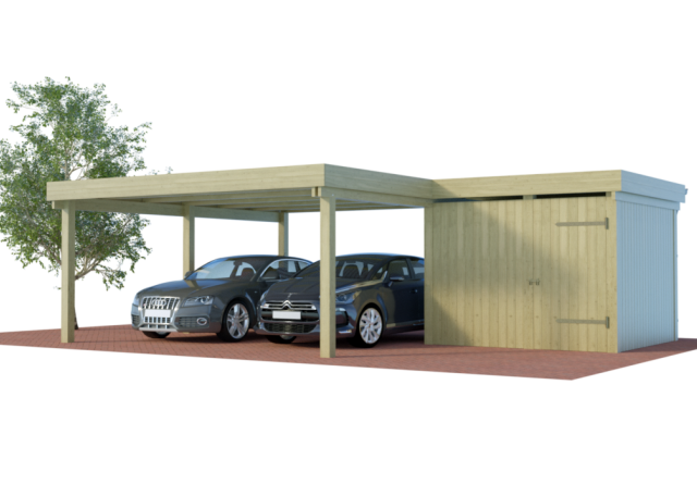 Konfigurator Multi Doppelcarports mit seitlichem Abstellraum als Winkelbau