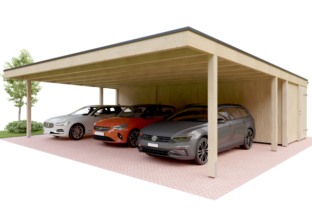 Konfigurator Multi Dreier Flachdachcarports mit Abstellraum